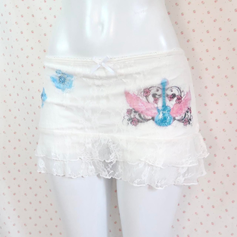 y2k white lace ruffle mini skirt angel wing graphic